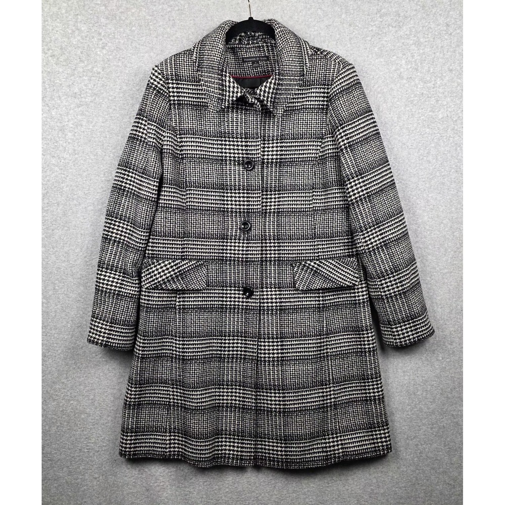 Preston & York Coat Womens 16 Black‎ White Wool Blend Plaid Tweed Long Lined